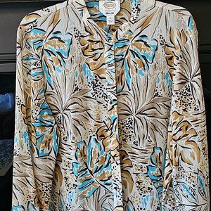 Talbots Beige, Brown, Torquoise Floral Silk Blouse